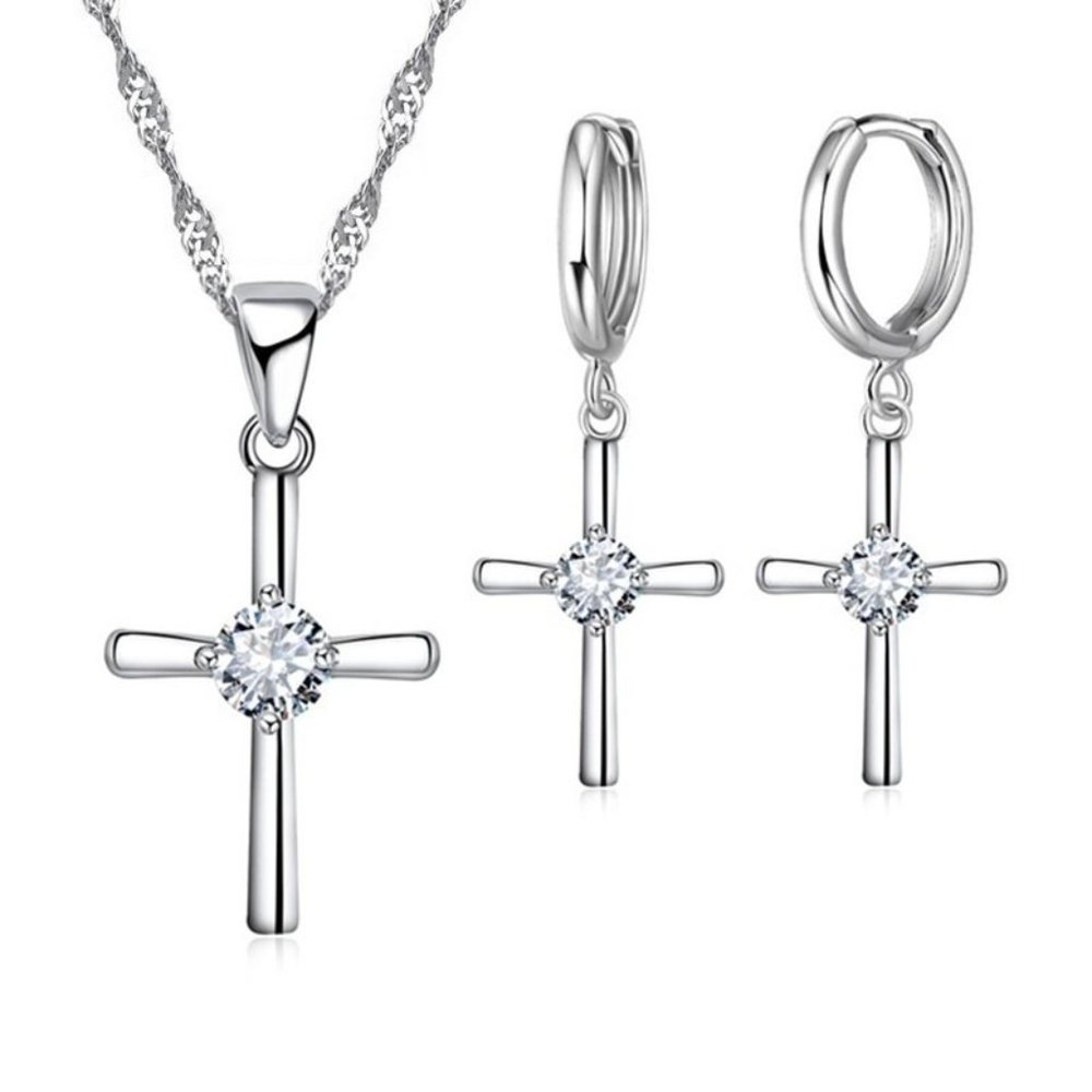 Cross Necklace Earrings 925 Sterling Silver Bundle Set